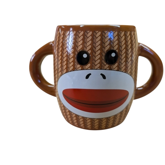 Sock Monkey Face Mug Double Handle Brown Red White 4" Tall - Picture 6 of 11